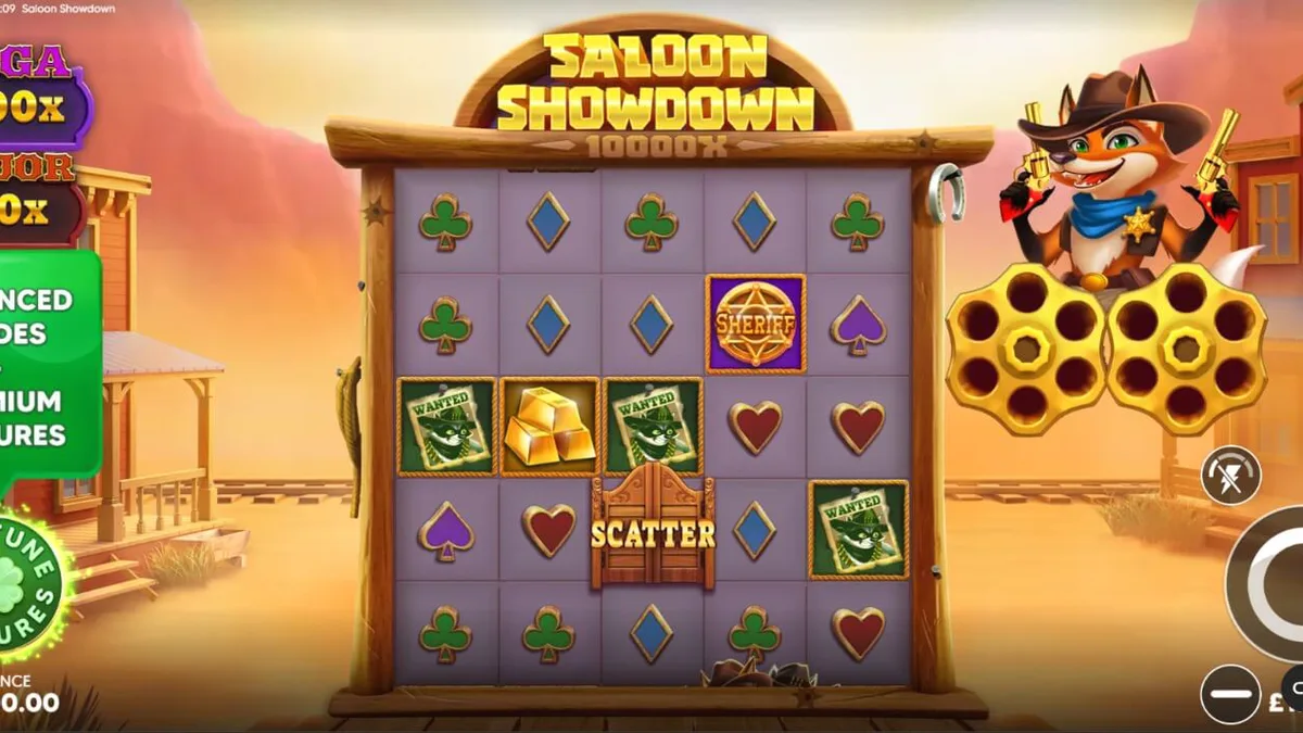 Tampilan visual slot Saloon Showdown 10,000x dengan karakter sheriff rubah dan latar belakang kota Wild West.