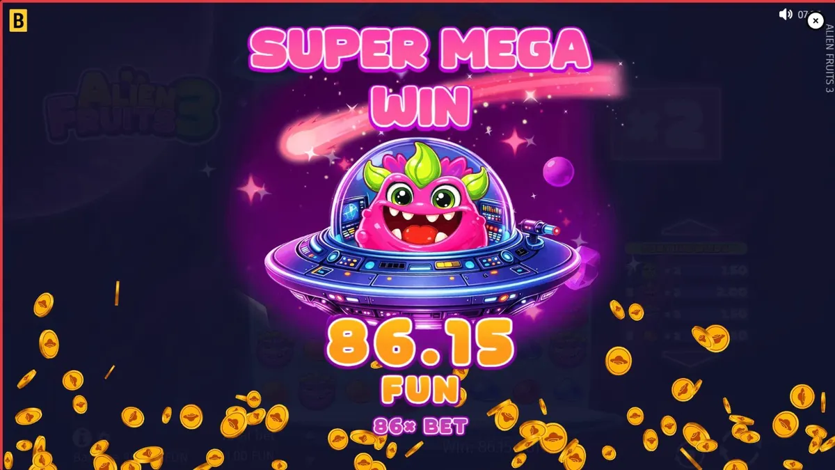 Tampilan visual grid 8x8 pada slot Alien Fruits 3 dengan tema neon luar angkasa.
